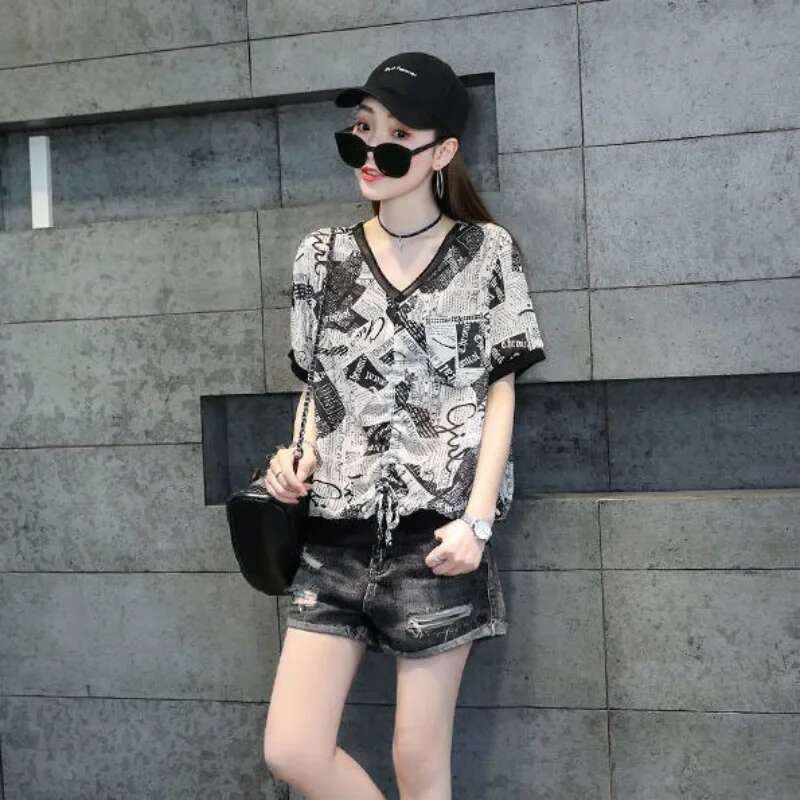 Summer with Print Chiffon Woman Top Shirts Blouses for Women Streetwear Korean Popular Clothes Japanese Harajuku Fashion Basic
