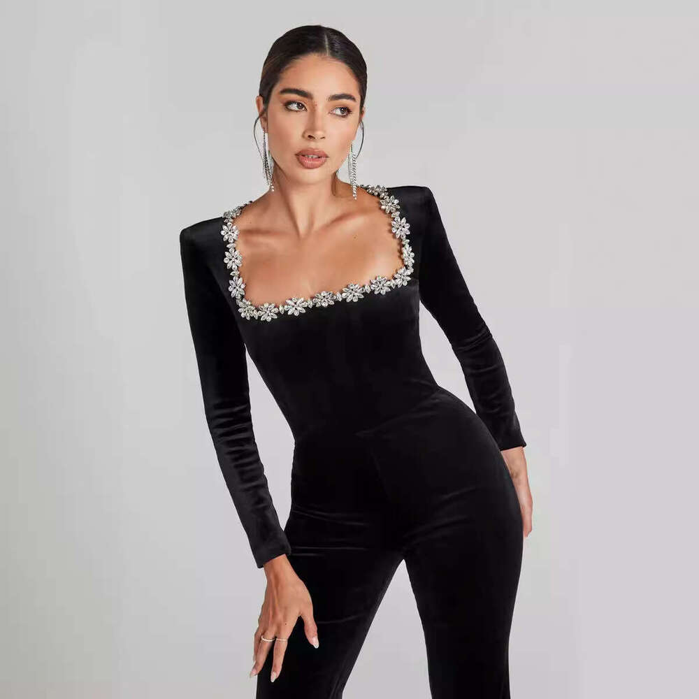 New Fashion Sexy High-Waisted Slim Fit Solid Color Jumpsuit with Rhinestones and Hollow Out Design