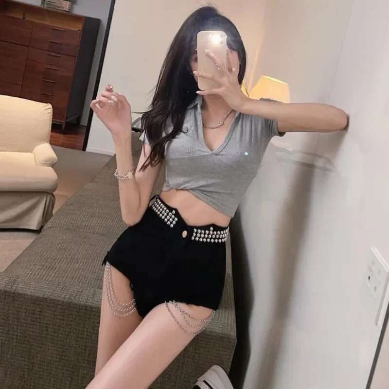 With Waist Pocket Nail Beads Short Jean Pants Woman Cheap Low Price Japanese 2000s Style Harajuku Fashion Denim Shorts for Women