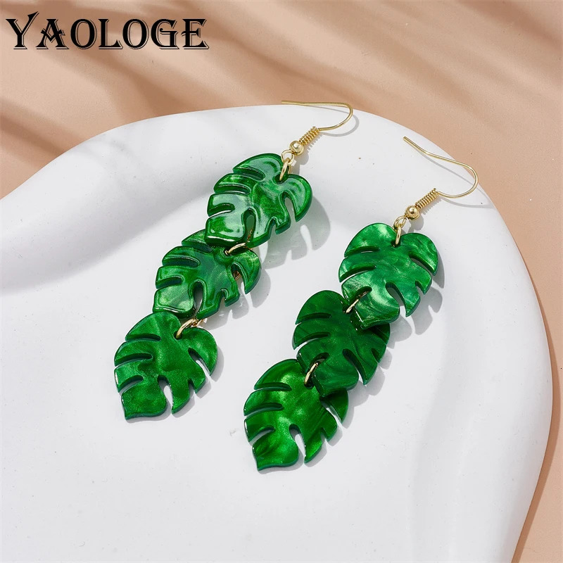 YAOLOGE Green Turtleback Leaves Tropical Palm Leaf Long Pendant Earrings For Women Trend Ear Hook Acrylic Jewelry Party Gift 250610