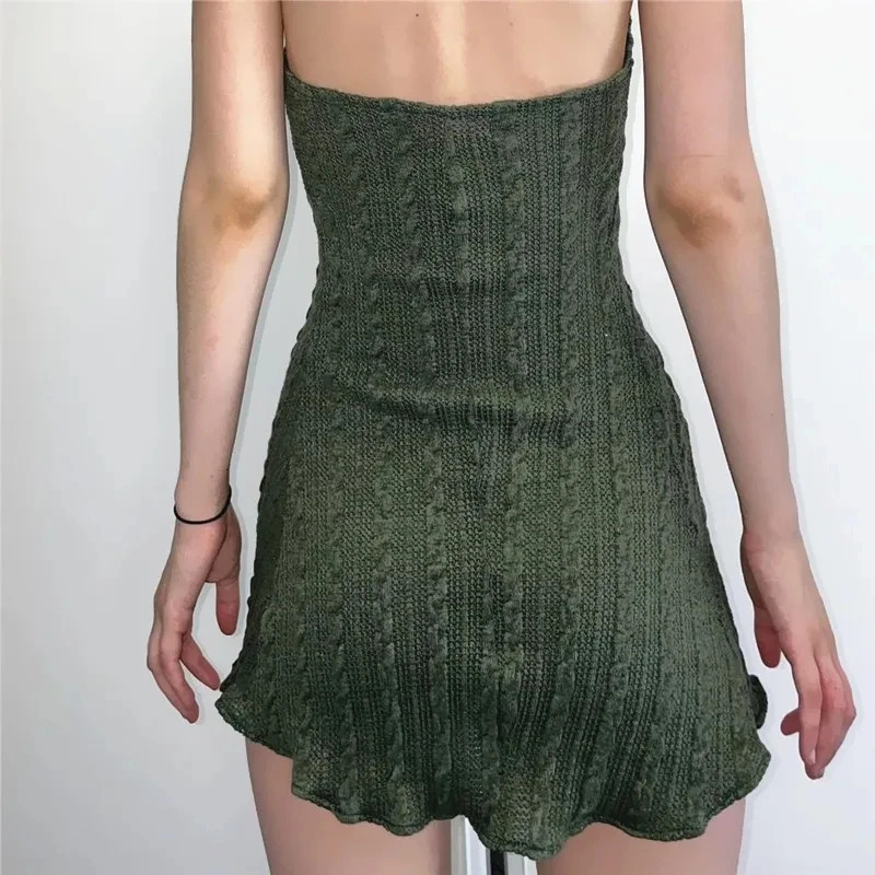 WhereMery Vintage Knitted Halter Short Dress Sexy Bandage Hollow Out Backless Dresses Elegant Sleeveless Texture Party Dresses 250616