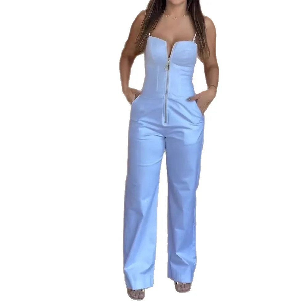 Womens Fashionable High-waist Jumpsuit Office Sexy Zipper Jumpsuit Summer Casual Commuting Solid Color Long Suspender Jumpsuit 250616