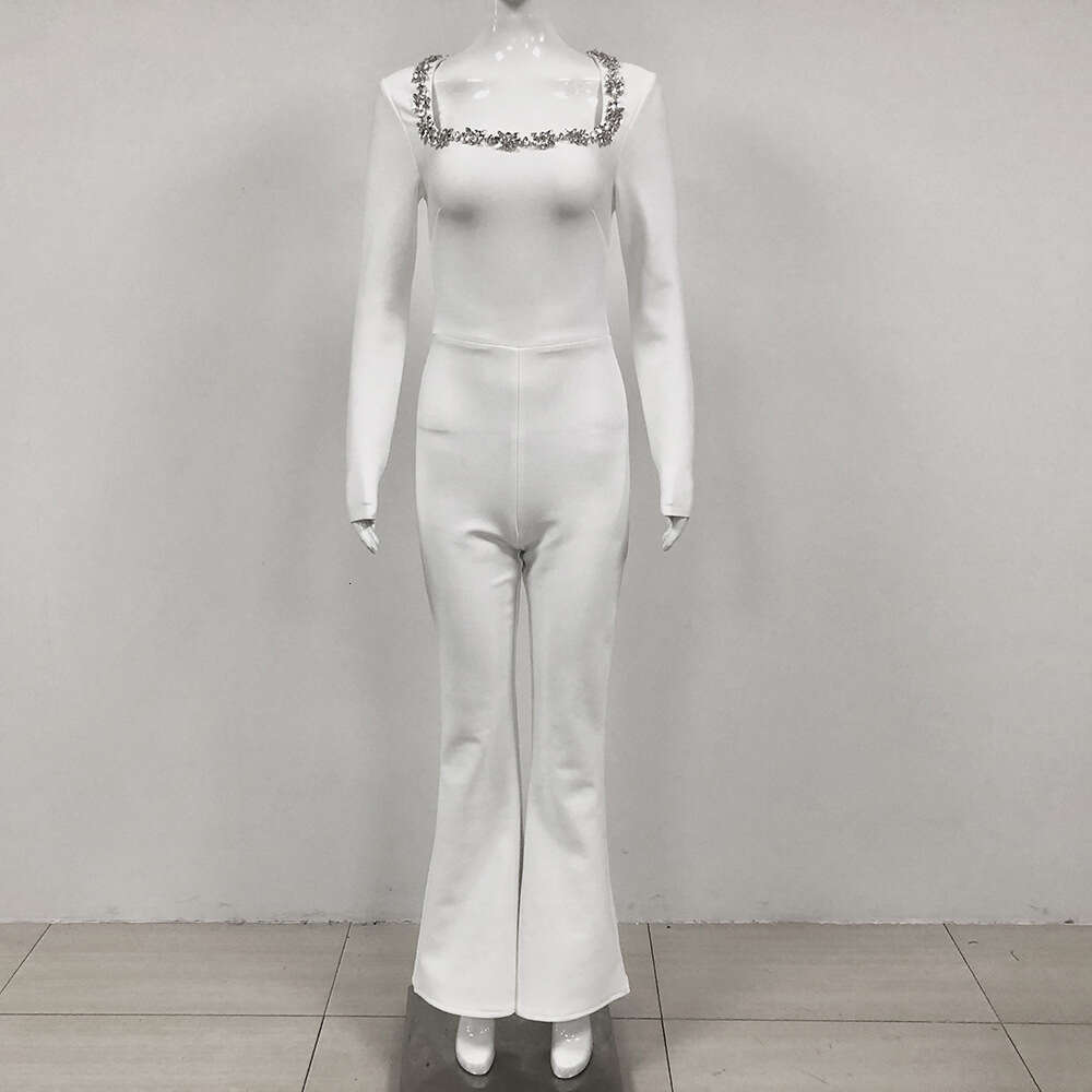 New Fashion Sexy High-Waisted Slim Fit Solid Color Jumpsuit with Rhinestones and Hollow Out Design