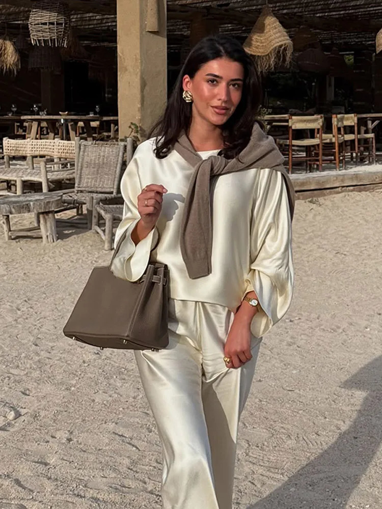 White Satin Long Pants Suit Women Elegant Full Sleeve Round Neck High Waist Loose 2-piece Set 2025 Summer Fashion Lady Wear 250616