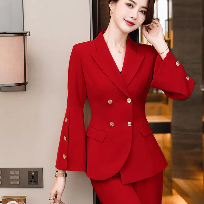 Fashion Red Pant Suits Women 2 Piece Set Spring Autumn Blazer Office Lady Business Work Uniform Outfits Formal Trousers Suit 250612