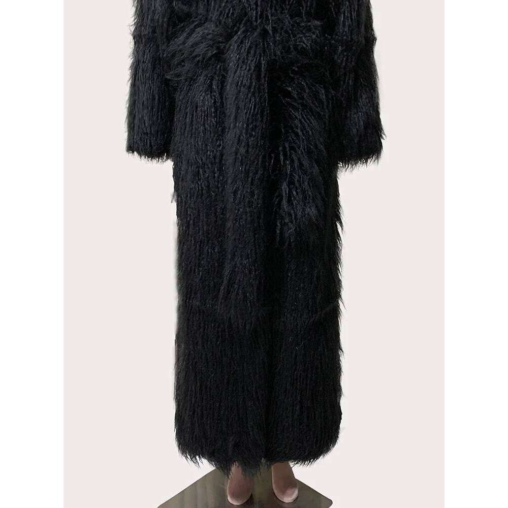 Mauroicardi Winter Extra Long Black Thick Warm Shaggy Fluffy Fuzzy Faux Fur Coat Women Sashes Elegant Maxi Furry Overcoat