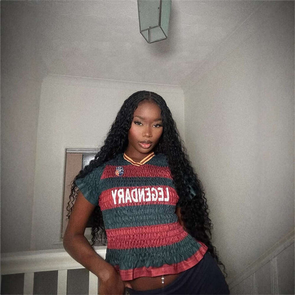 New Fashion Printed Trendy Pleated Design Waist-Cinching Short Sleeve Top Color-Block V-Neck T-Shirt For Women B5