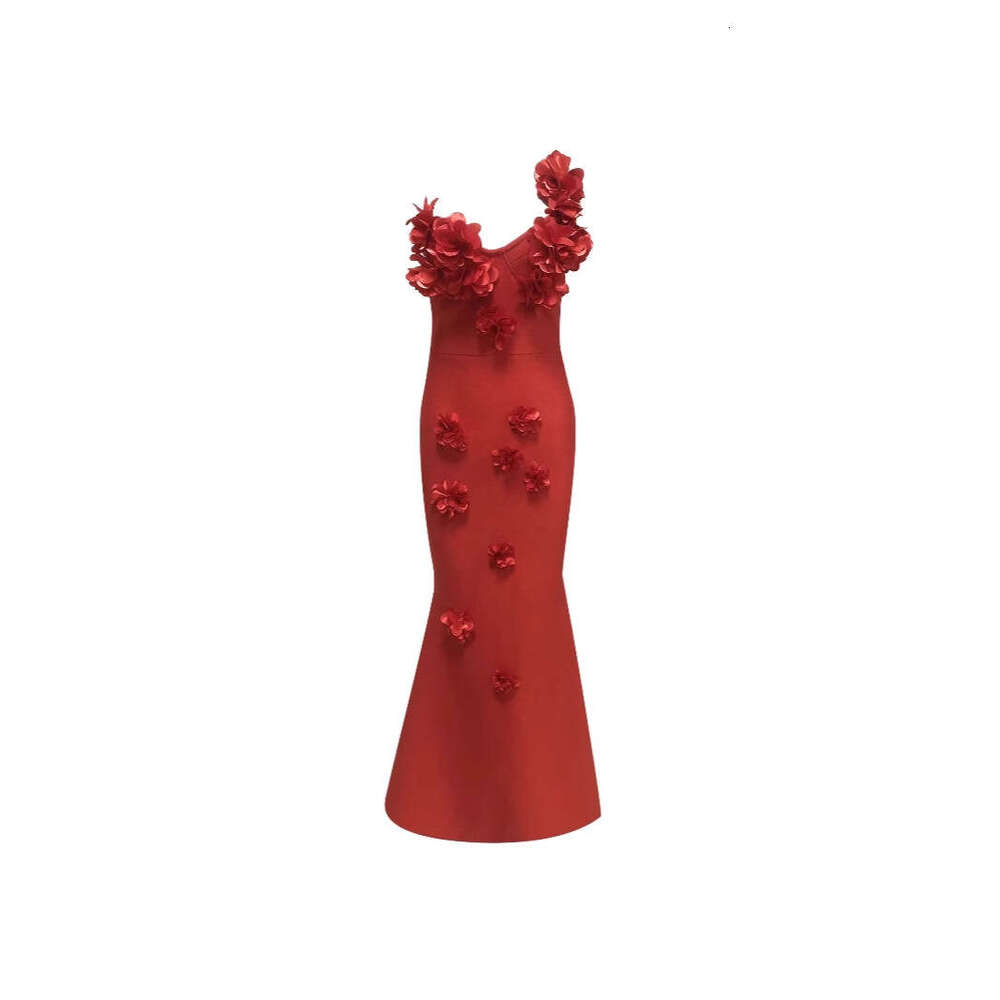 Red Strapless Floral Sexy Socialite Style Long Dress Gown