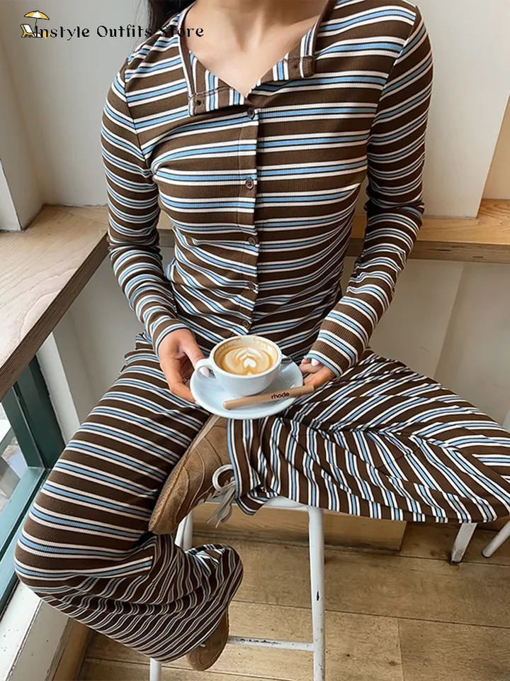 Casual Stripe Pants Suit Women Loose O-neck Buttons Coat Full Sleeves Drawstring Straight Trousers Sets Female Spring Set Lady 250616