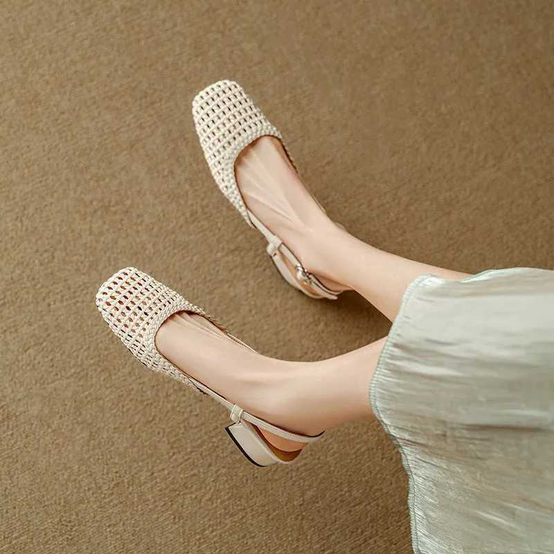 French Square-Toed Woven High-Heeled Sandals 2025 Summer New Skeletonized Fashionable Leather Fabric Mid-Heel Womens Shoes Z250617