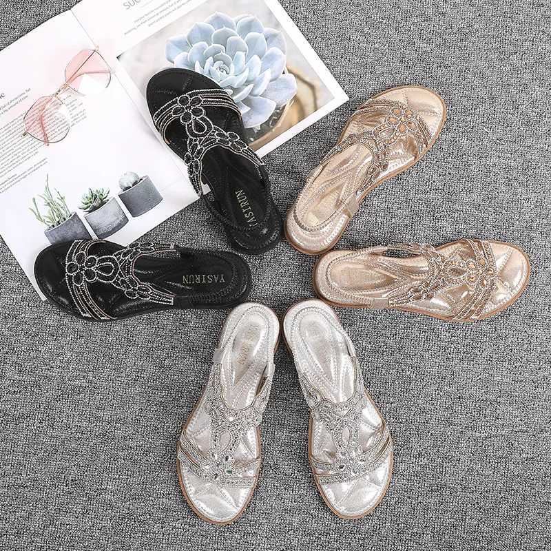 Women Flat Rhinestone Sandals Bohemian Sandals 2025 Summer New Non Slip Beach Elastic Low Heels Roman Sandals Womens Sandals Z250617