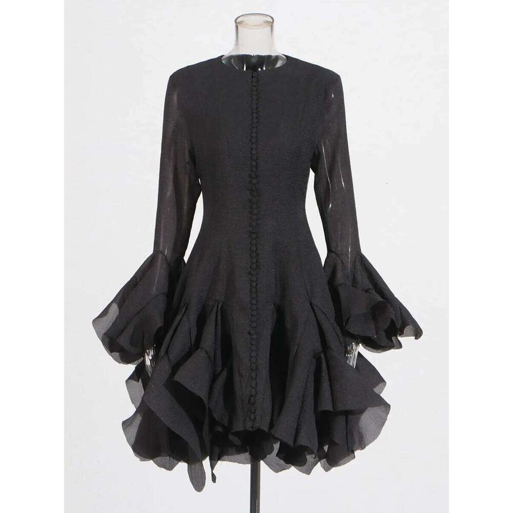 Designer Clothing 2025 Pink Patchwork Ruffle For Women Round Neck Flare Sleeve High Wait Slim Elegant Midi 107Cm Dress Female 2025