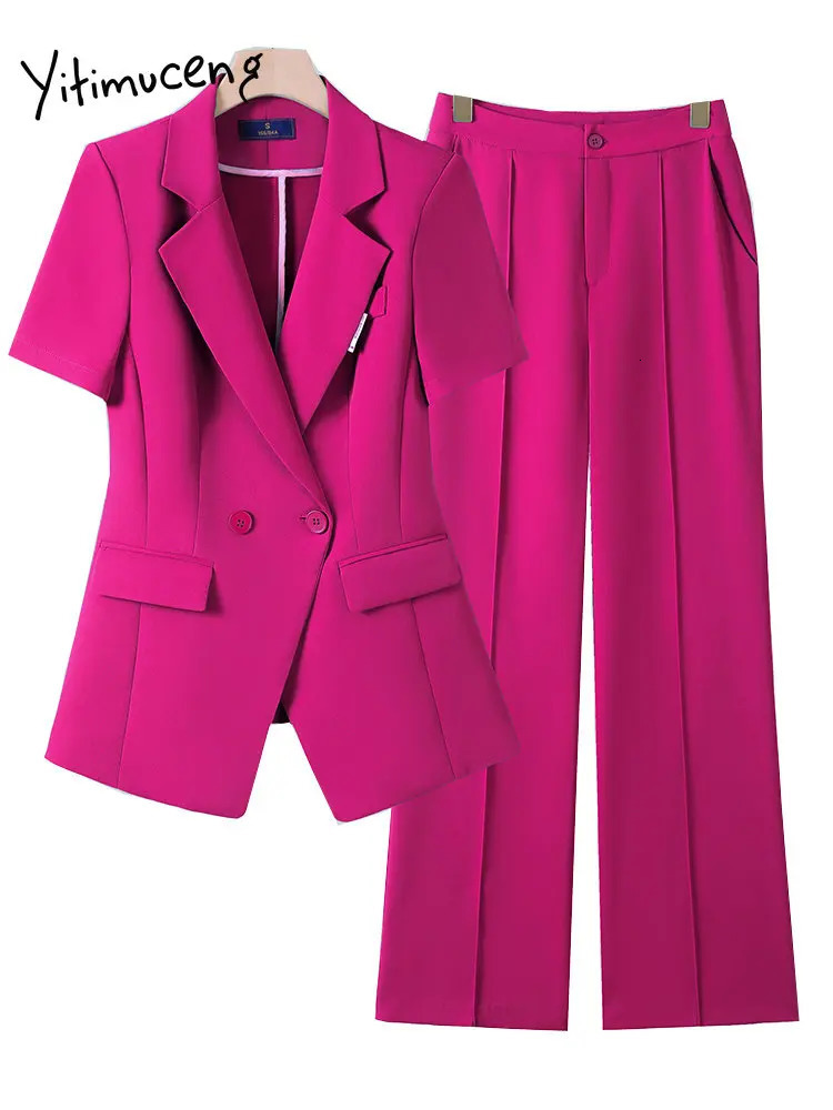 Yitimuceng Women Suits Office Sets Fashion Short Sleeves Turn Down Collar Blazer Chic Solid Pants 2 Piece 250612