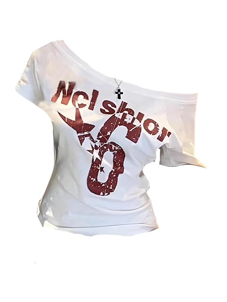 Y2k Sport Summer Off shoulder Top Women Sexy Vintage 2000s Short sleeve T shirt Lady Body Basic Crop Top Female Casual 250617