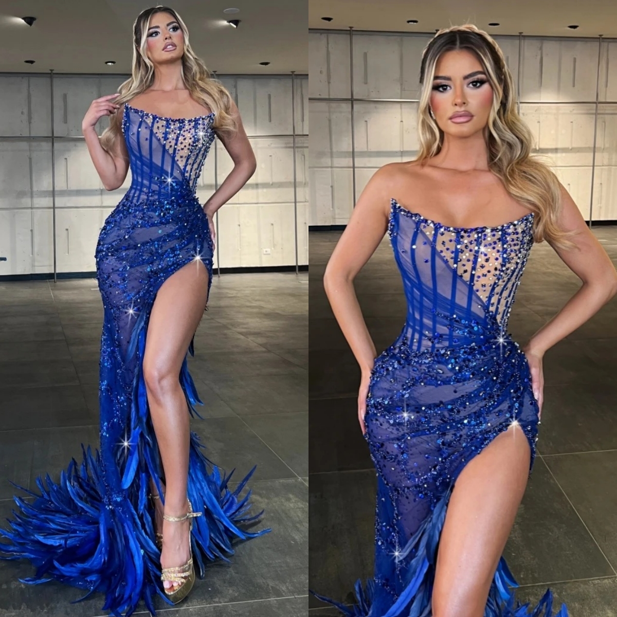 Sparkly Feather Evening Dresses Strapless Beads Prom Dress Side Split Mermaid Illusion See Through Sleeveless Party Gowns Vestidos De Noche Plus Size