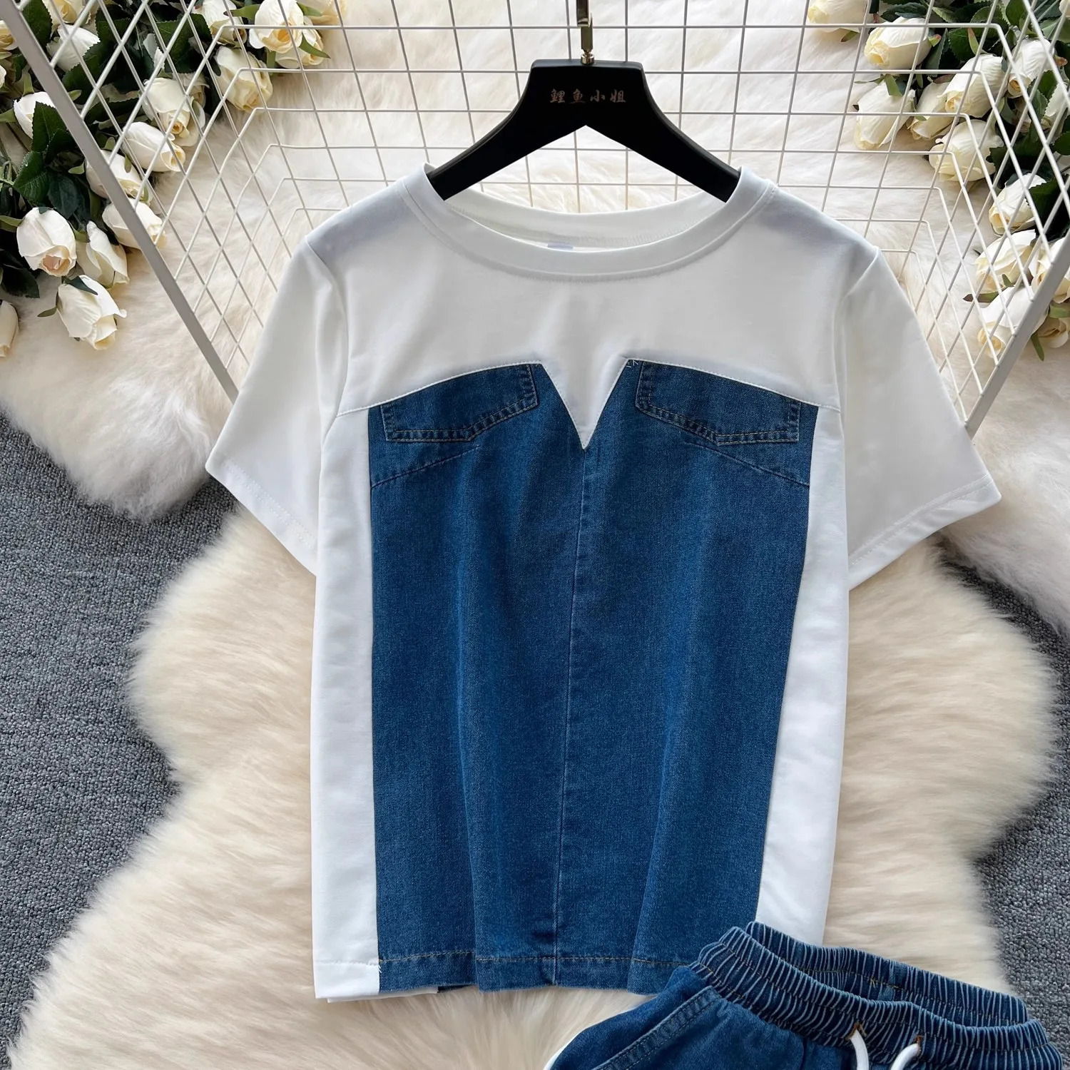 Two Piece Sets Women Pant Set Matching Sets Y2k Streetwear Denim Splice Tops Wide Leg Long Pants Elastic Waist Lace Up 250614