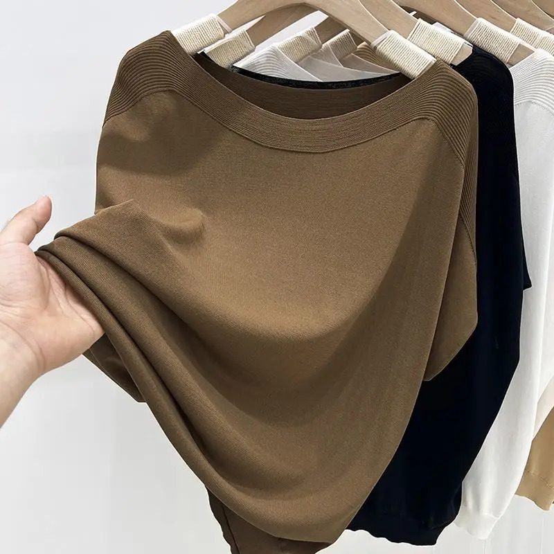 Simplicity Fashion Summer Thin Style Ice Silk T-Shirts Womens O-Neck Solid Screw Thread Casual Loose Short Sleeve Knitted Tops 250614