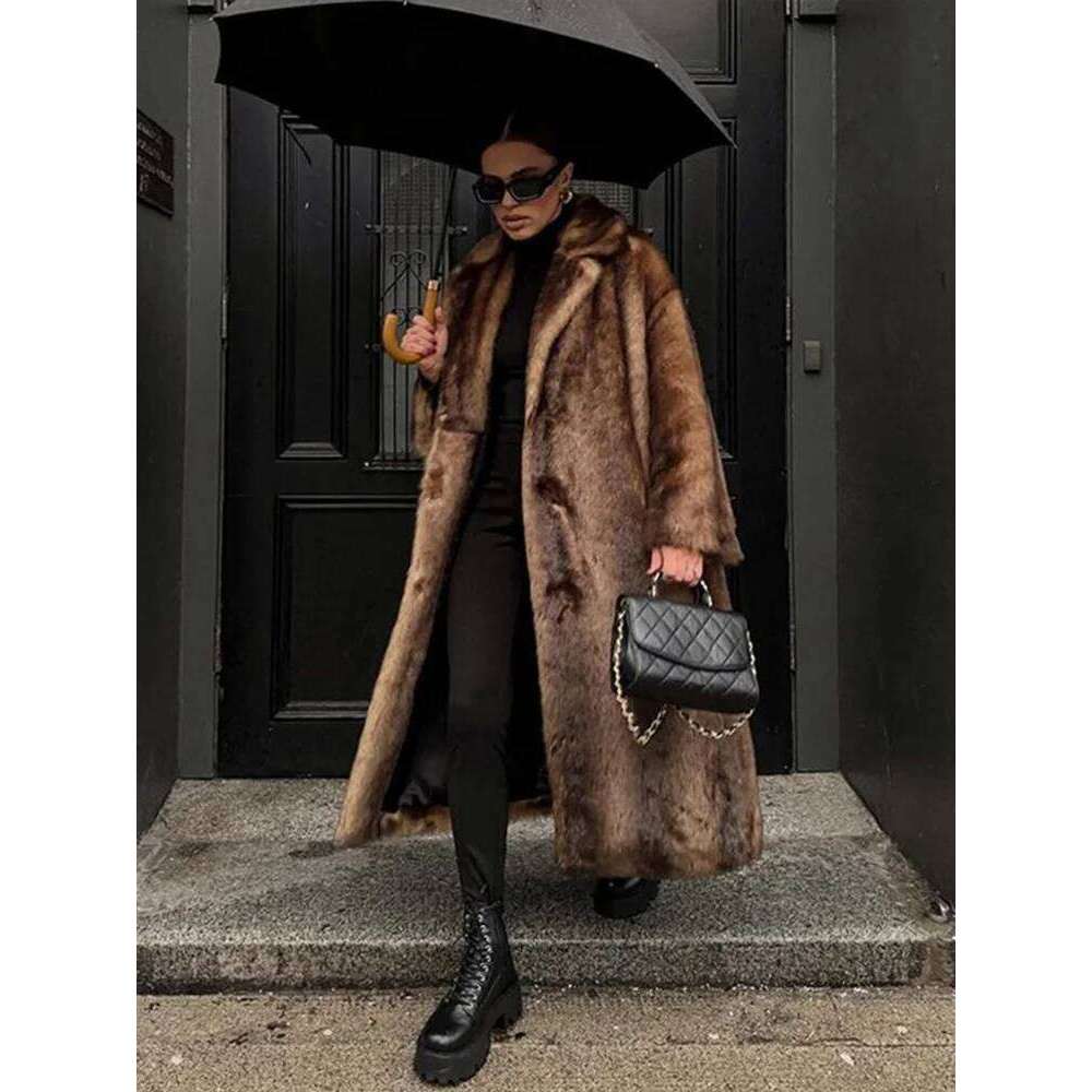 Vintage Lapel Faux Fur Long Women Loose Plush Single-Breasted Thick Coats Winter Warm Chic High Street Outwear