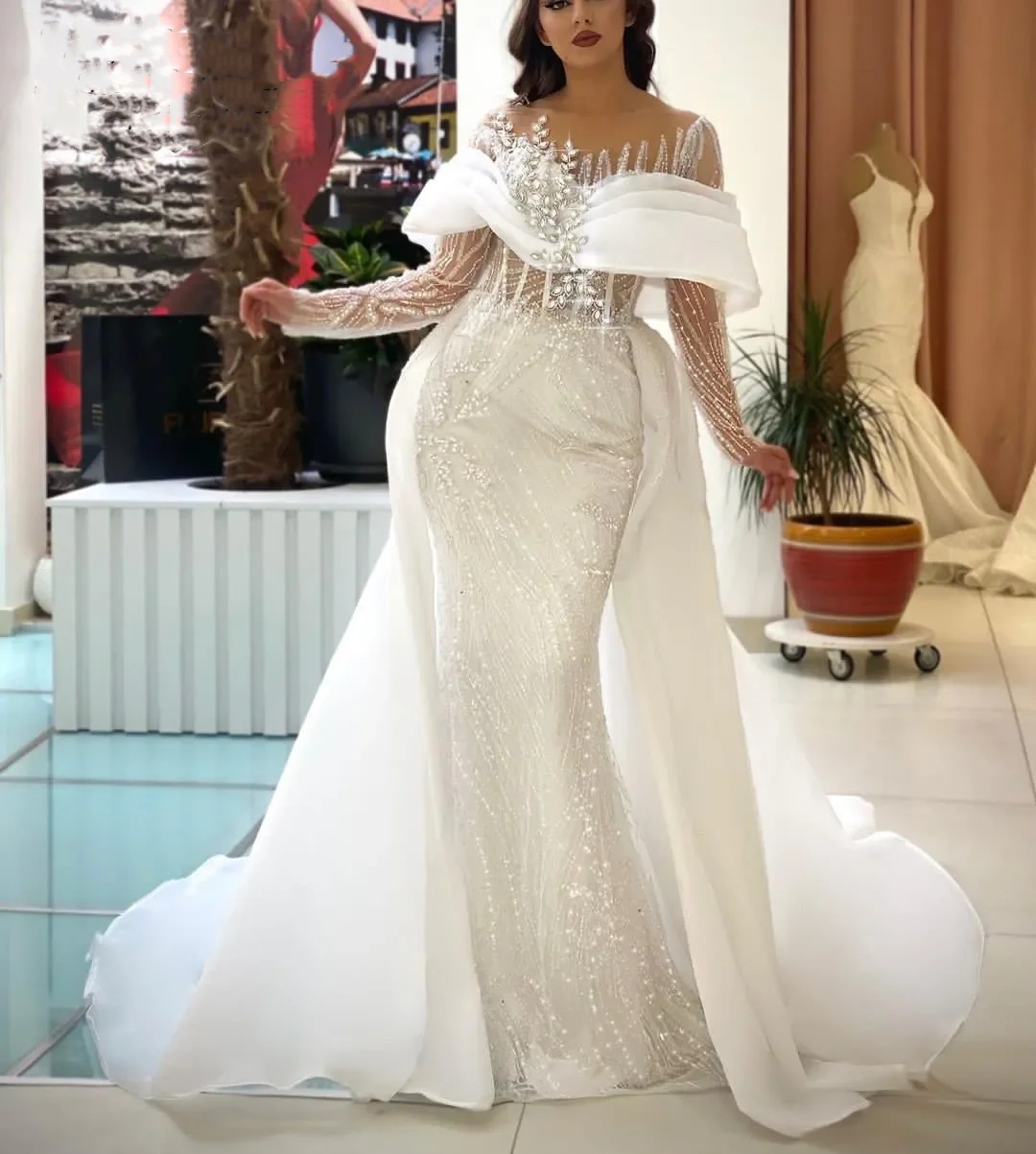Gorgeous Wedding Dresses Crystal Beading Bridal Gowns with Overskirt Mermaid Rhinestone Shiny Customized Bride Vestidos De Novia Plus Size