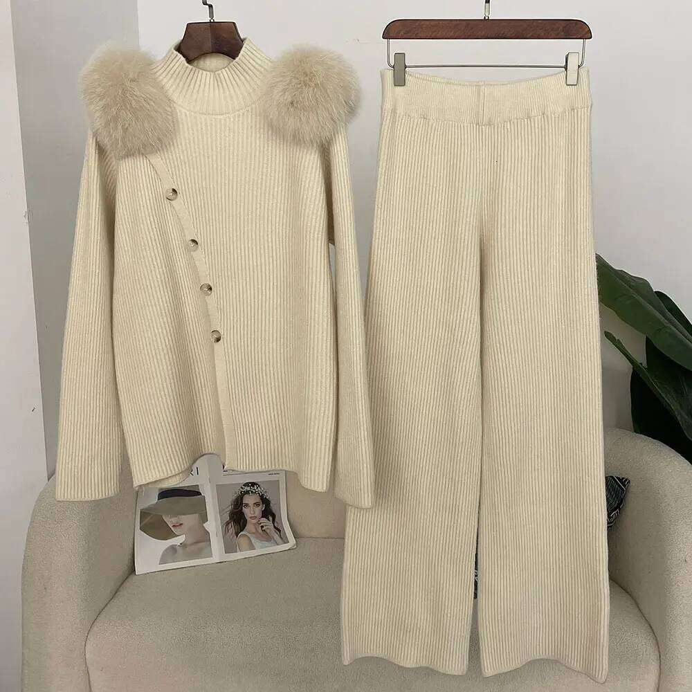 OFTBUY Trousers Knit Suit Women 2025 New Spring High Collar Knitted Cardigan Female Real Fox Fur Sweater Lady Knitting Clothing