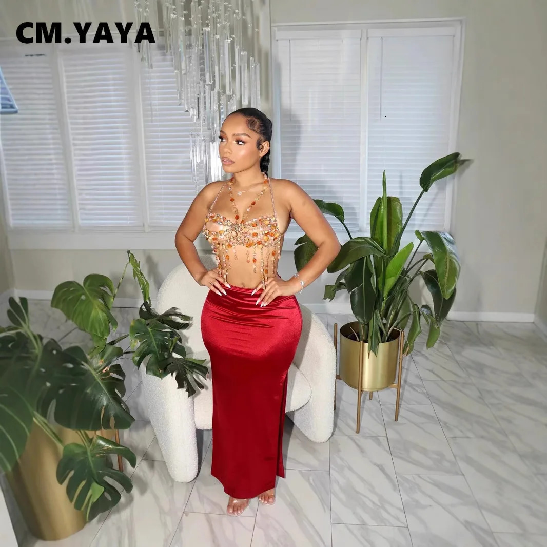 CM.YAYA Vintage Women Satin Bodycon Long Pencil Maxi Long Skirt 2025 Summer Sweet Holiday Beach Street INS Fashion OL Skirts 250614