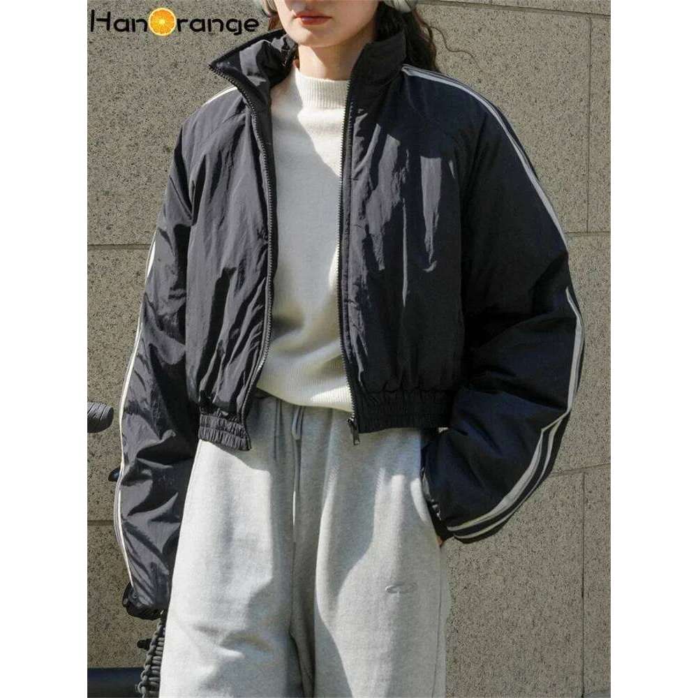 HanOrange 2024 Winter Casual Sports High Collar Short Parkas Loose Silhouette Warm Cotton-padded Jacket Black/Greyish Green