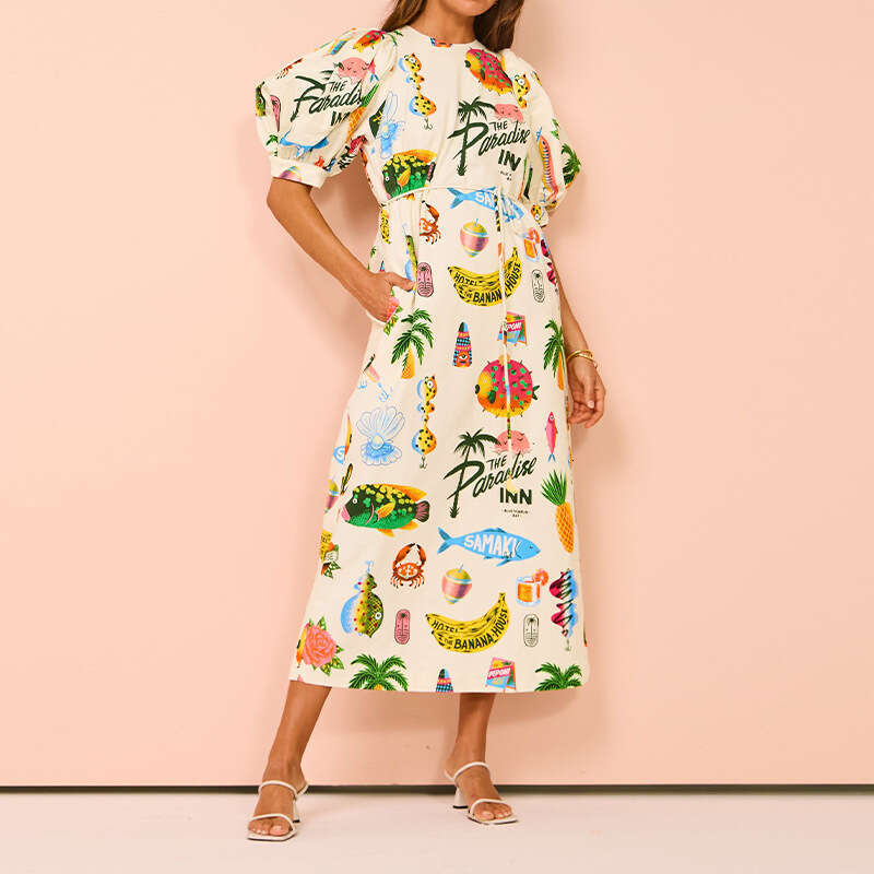 Winter Elegant Women's Print Puff Sleeve Slit Waist Tie Casual Dress B5