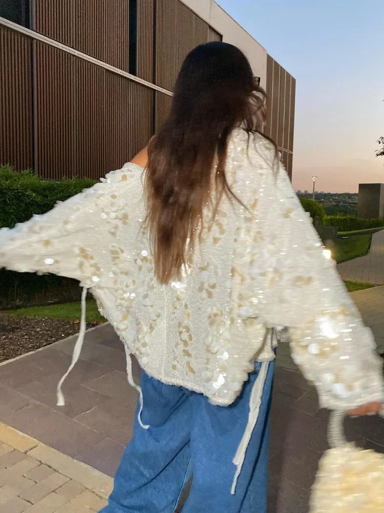 Women Sparkling Beaded Short Loose Jacket Chic Elegant V Neck Long Sleeve Lace Up Cardigan Autumn Female Fashion Streetwear 250616