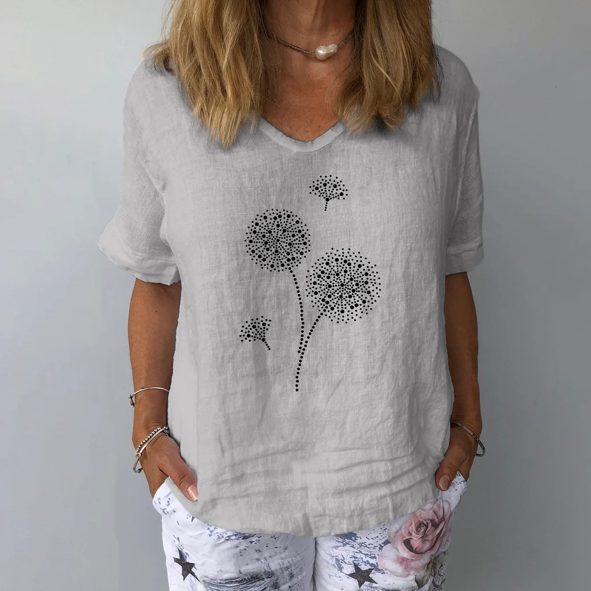 Women Solid Colour Cotton Linen Blouse Top Summer Casual Harajuku Fashion T-shirt Print Loose Blouse Women Tops Streetwear 250614