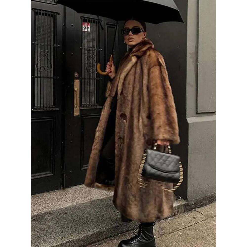 Vintage Lapel Faux Fur Long Women Loose Plush Single-Breasted Thick Coats Winter Warm Chic High Street Outwear