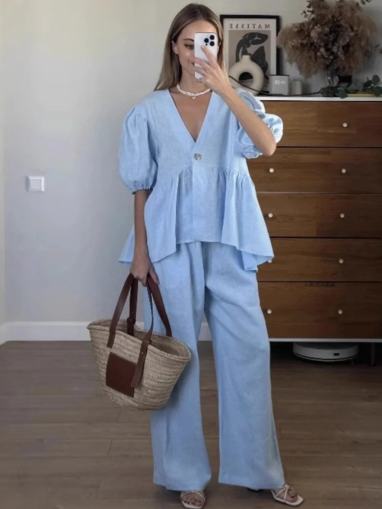 Mumaroho 2025 Women Spring Summer Holiday Pant Set Suits Cotton Solid Outfits V-neck 2 Two Piece Matching Set For Women 250616