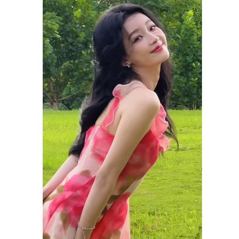 Clothes Women Designer Women Dresses 734 Summer New 2025 Sun Yi Same Style Romantic Rose Flower Square Neck Ruffle Vacation Long Dress