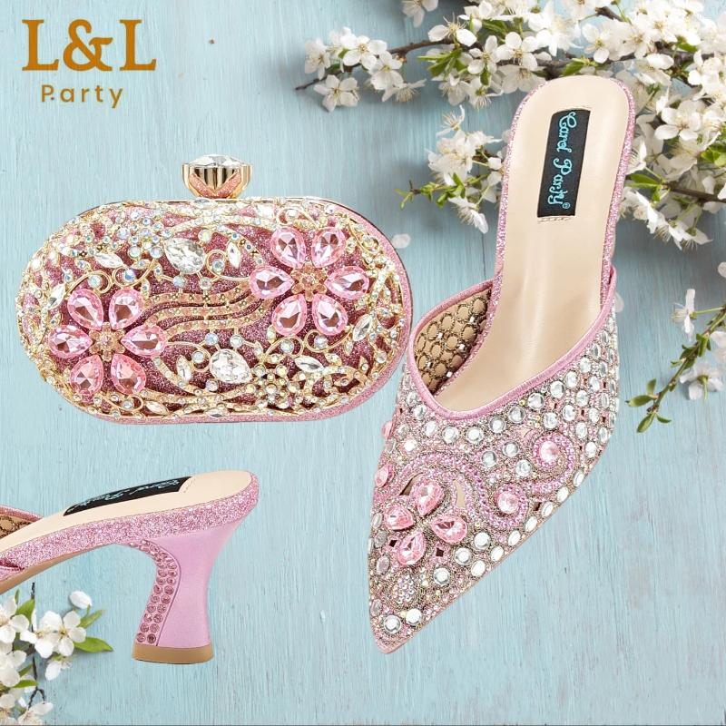 Dress Shoes Fashion Nigeria Design Rhinestone-encrusted Sex Ladies And Bag High Heels Sandals With Gold Color Mini For Party