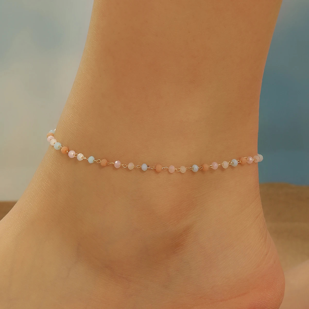 QIAMNI Summer Beach Jewelry Colorful Crystal Anklet Multicolor Stone Beads Foot Bracelets Feet Accessories Bohomia Ankle Chain 250606