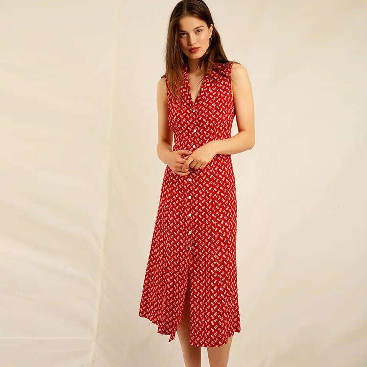 Luxury Dress N498 Summer 2025 Printed Over-the-knee Mid-length Sleeveless Blazer Collar Dress French Style Womens Fashion