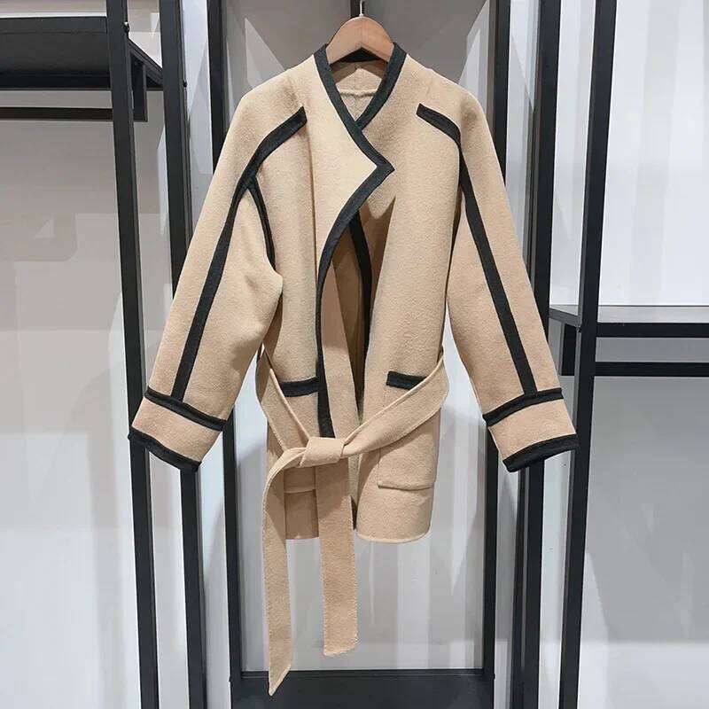 Fall Winter Women Color Patchwork Coat Double-sided Woolen Lace-up Temperament Female Stand Collar Jacket