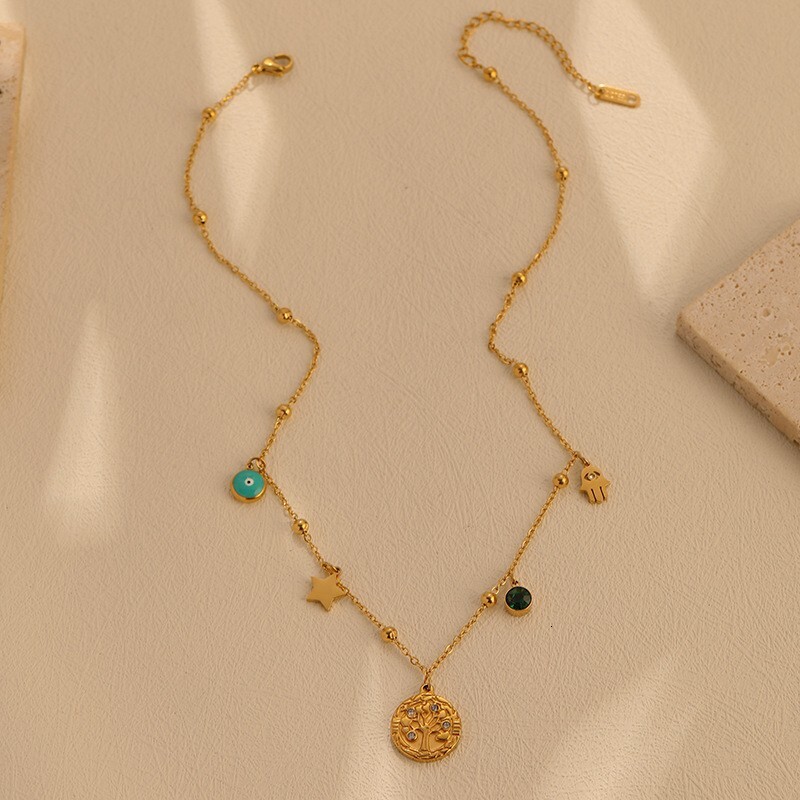 Bohemian Style Fashion Personality Temperament Inlaid Dia Tree of Life Star Eye Necklace for Women Titanium Steel Non-Fading Jewelry