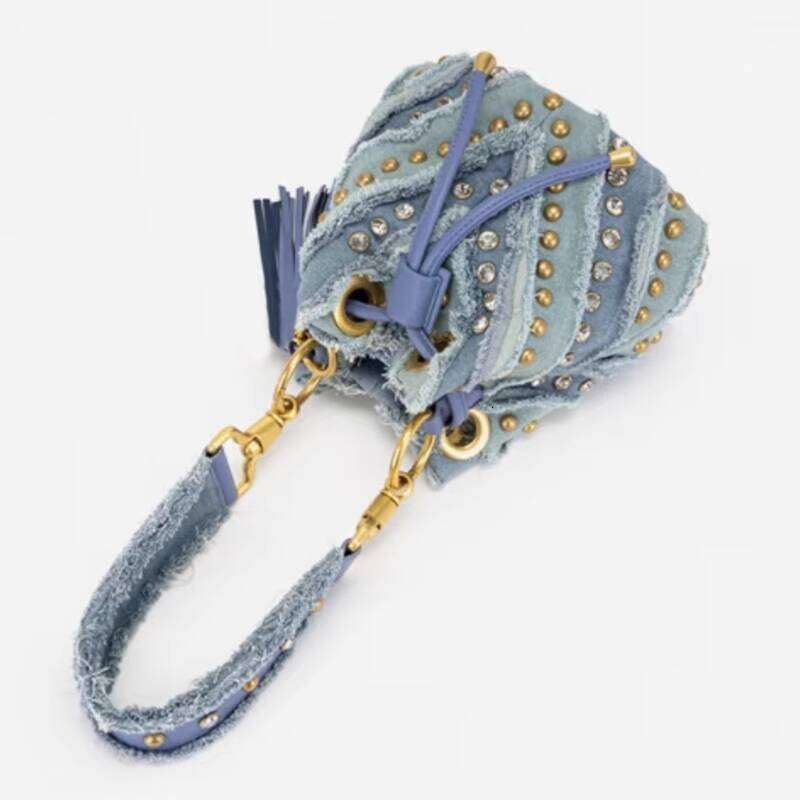 Niche Design Rivet Quilted Denim Drawstring Single Shoulder Bucket New Trendy Women s Bag