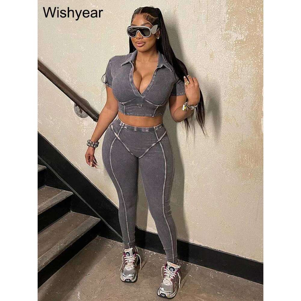 Casual Summer Gray Short Sleeve Corest Crop Top and Leggings Tracksuits Set Two 2 Pieces Pants Sets Women Ribbed Fiess Outfits
