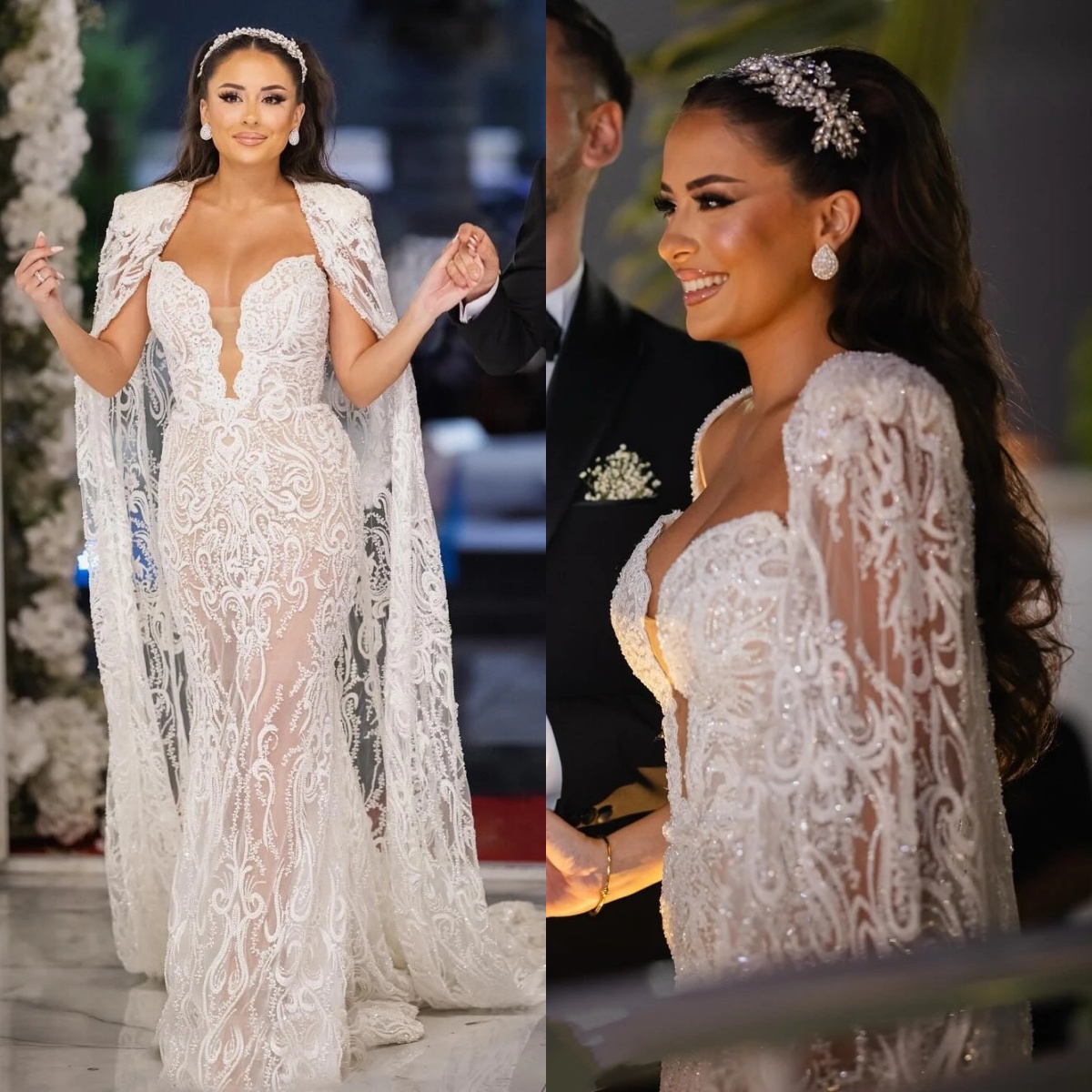 Stylish Wedding Dresses Beading Appliques Bridal Gowns with Cape Strapless Mermaid Sleeveless Customized Bride Vestidos De Novia Plus Size