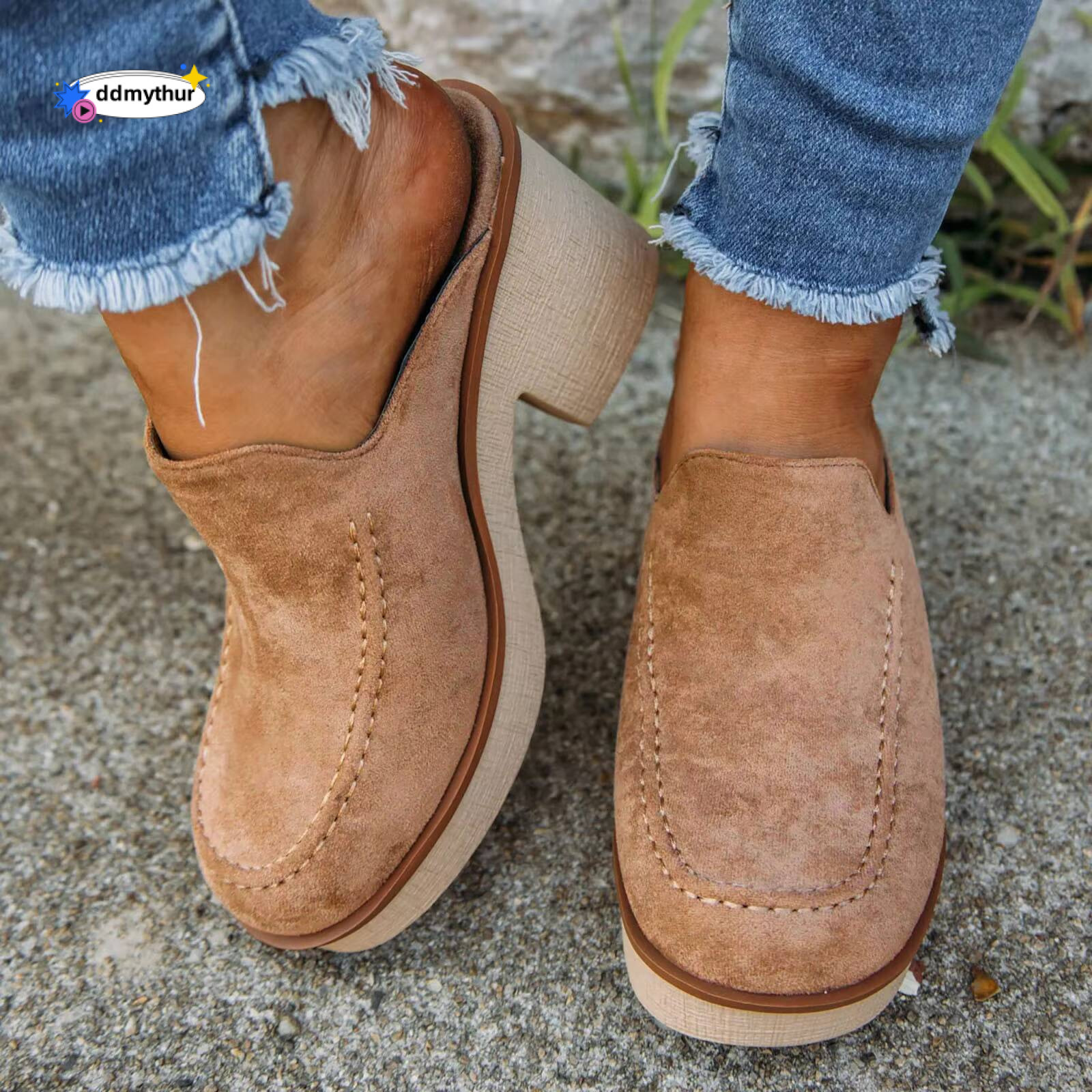 Vintage Womens Cute Summer Slip On Flock Casual Round Toe Square Heels Soft Bottom Small Heel Sandals For Women 2024 ddmythur
