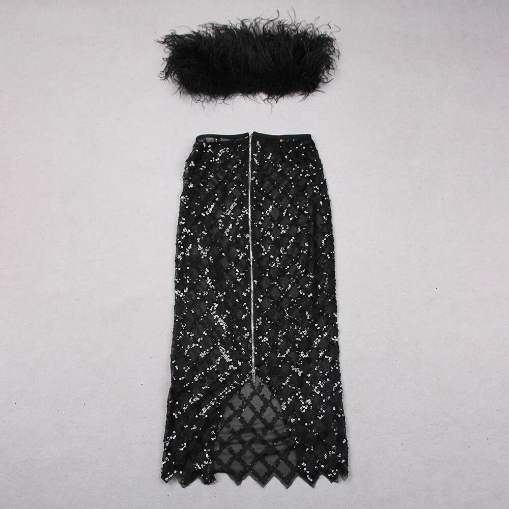 Autumn New Sexy Feather Strapless Black Sequin Mesh Long Dress Bandage Gown
