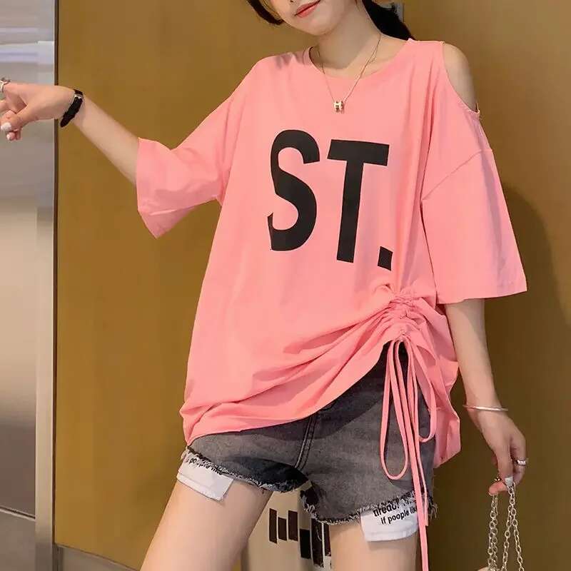 T Shirt for Women Off Shoulder Baggy Graphic Short Sleeve Tops Woman Y2k Fashion Korea Japanese Vintage Clothes Korean Reviews