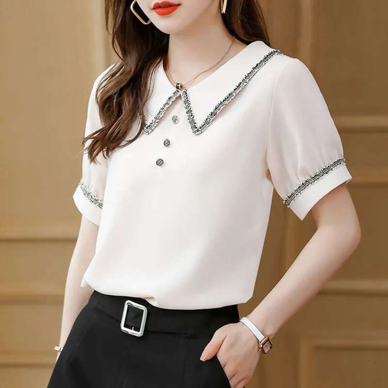 Top for Woman Office Outfits Clothing Black Womens Shirts and Blouses Chiffon Wear To Work Formal Collar Short Sleeve New 2025