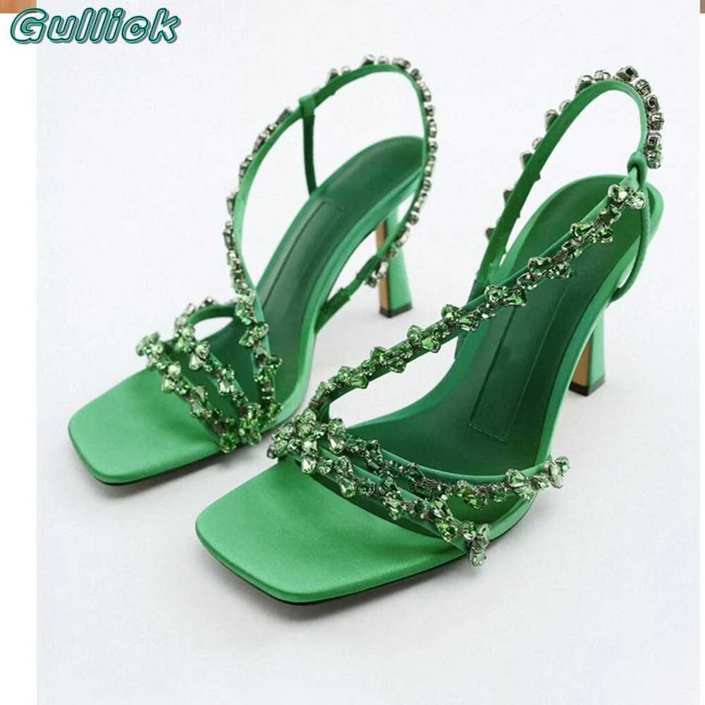 Blue Gemstone Beaded Sandals Square Toe Slingback High Heel Sexy Green Color Slip On Solid Chic Narrow Band Summer Shoes M250617