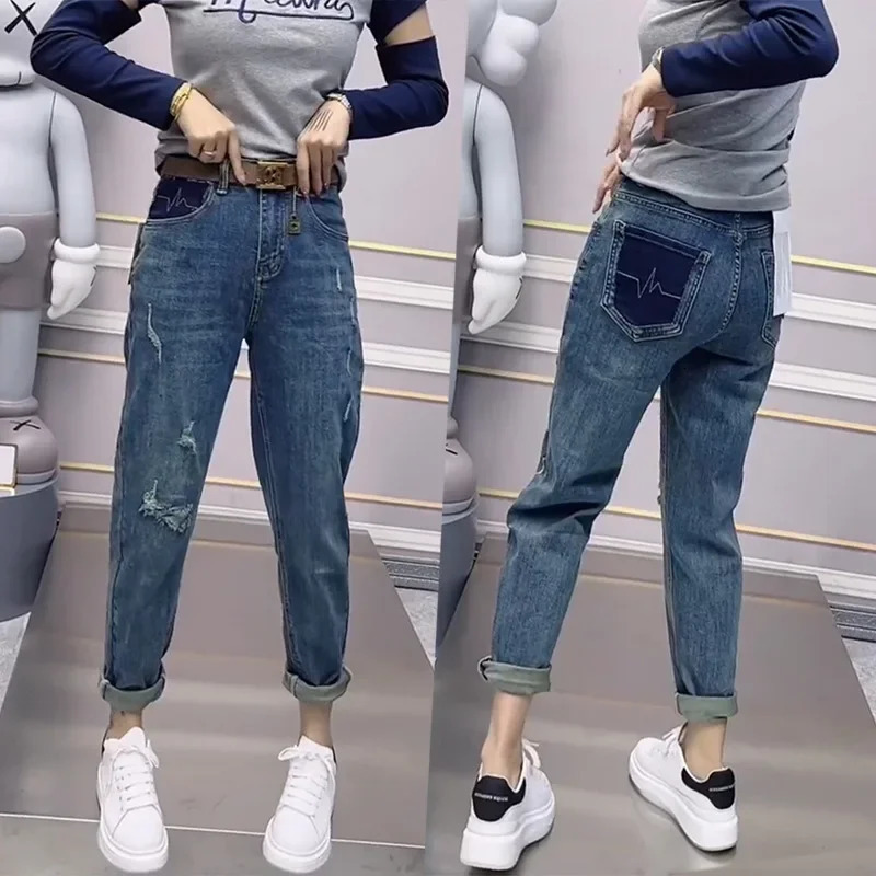 Plus Size Plus Size Womens High Waist Harlan Denim Jeans Spring 2025 Color Block Hole Elastic Slimming Dad Pants Big Sister MM 250609