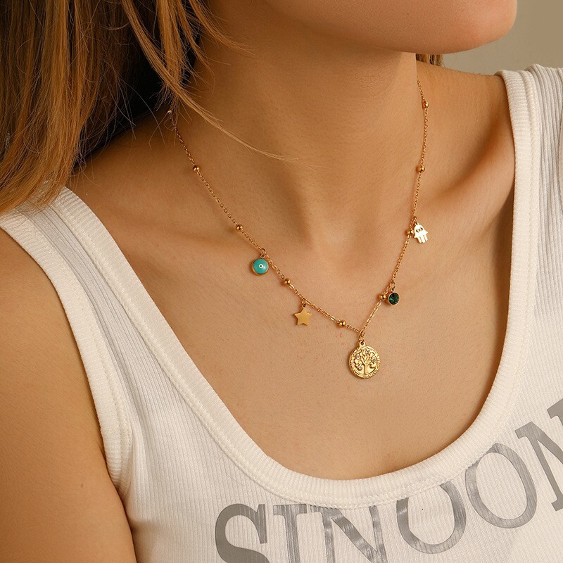 Bohemian Style Fashion Personality Temperament Inlaid Dia Tree of Life Star Eye Necklace for Women Titanium Steel Non-Fading Jewelry