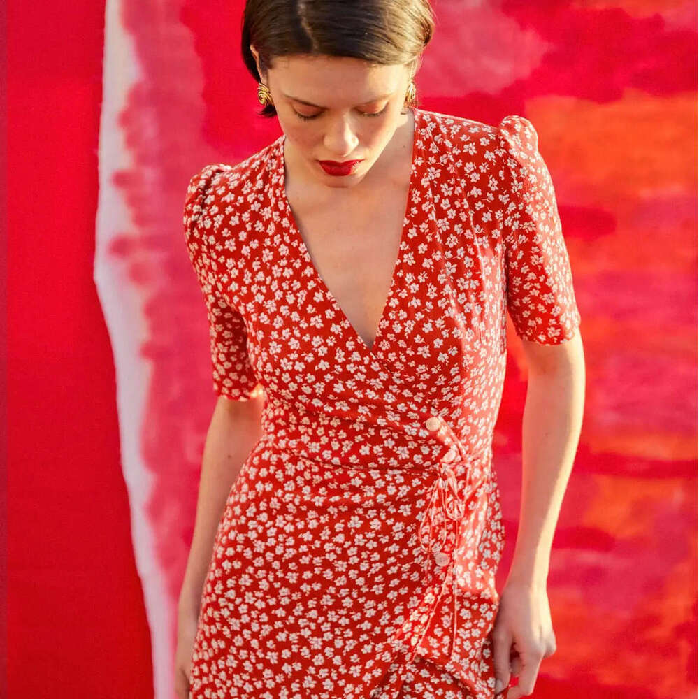 Dresses for Woman Party June Sexy Vestido De Mujer 114 # Summer New 2025 Floral V-neck Short Sleeve Mid-length French Tea Break Wrap Dress with Straps