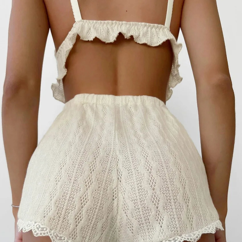 hirigin Lace Patchwork Womens Pajamas Sets Hollow Out Crop Top Sleepwear Sexy Spaghetti Strap Nightwear Shorts Nightie Suits 250616