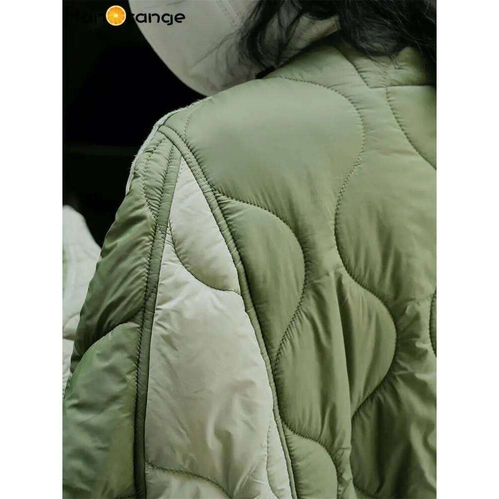 HanOrange 2024 Winter Color Contrast Cotton Padded Jacket Women Loose Light Casual Warm Parkas Female Sense Design Black/Green